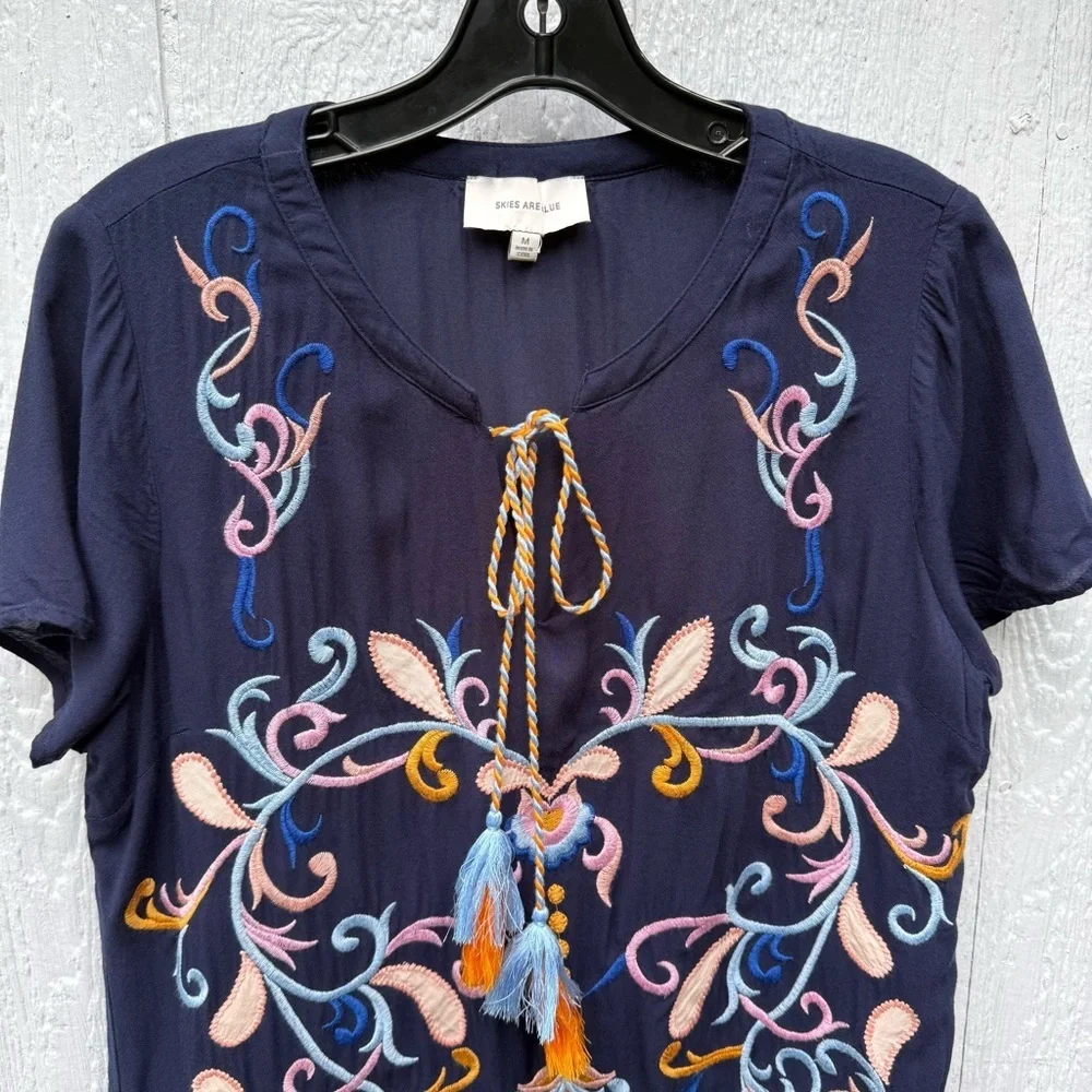 Skies Are Blue Women's Blue Embroidered Paisley Rayon Dress Cover-Up Lined M - Picture 3 of 7